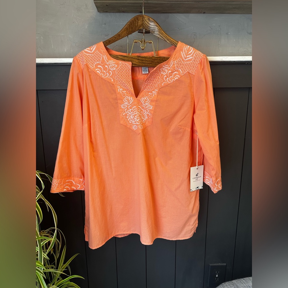 NEW Caribbean Joe Coral Embroidered‎ Women's Top size XL